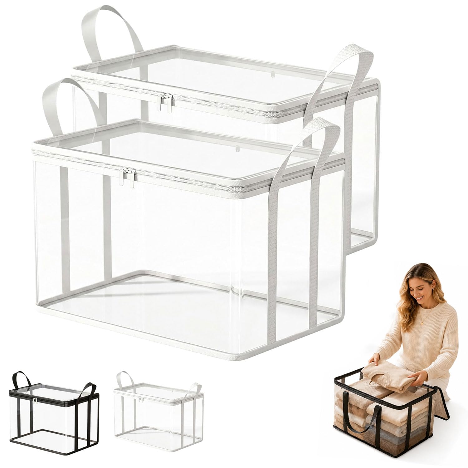 Hawiat 2026 New Large Clear Thick Plastic Storage Box with Hinged Lid, Clear Storage Box Heavy Duty Stackable Organizer for Clothes Camping Moving Attic (2pcs*white)