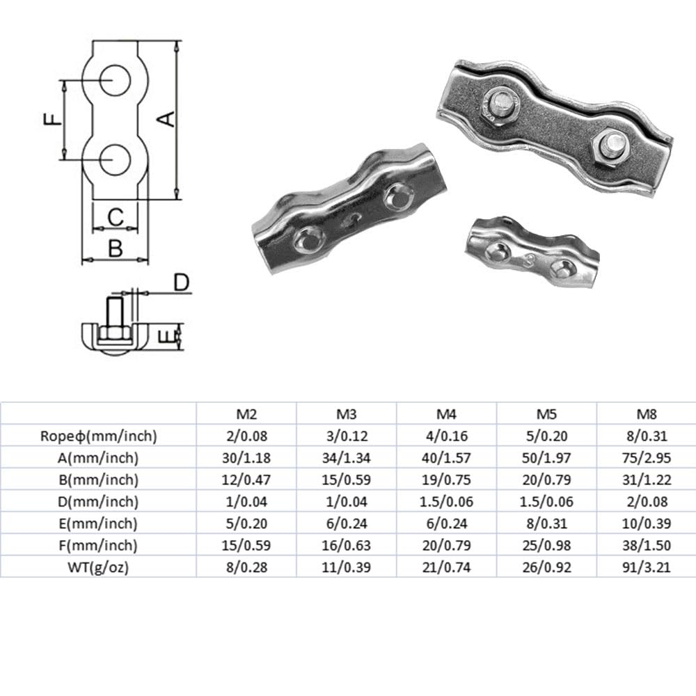 10PCS M8 Wire Rope Clamp Set Duplex Clips Stainless Steel 2-Post Cable Clamp Double Wire Rope Clip Fastener for Wire Cables