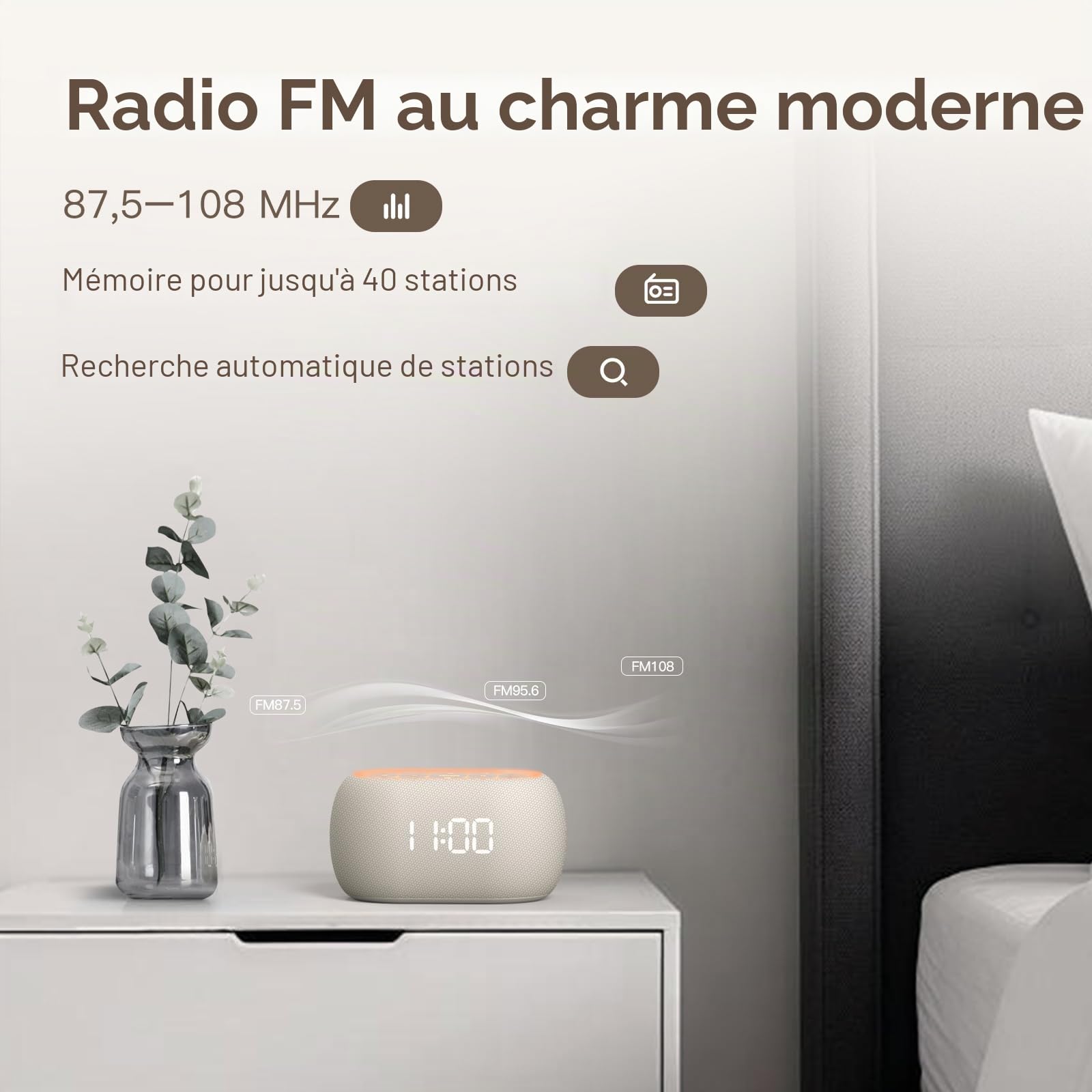 ANJANK Radio-réveil numérique 4 en 1 avec haut-parleur Bluetooth, réveil avec veilleuse 7 couleurs, radio FM, écran à intensité variable en continu de 0 à 100 %, 8 sons d'alarme, horloge numérique