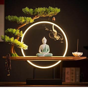 New Chinese Zen Buddha Ornament, Artificial Indoor Plants, Home Decor Gift, Artificial Tree, Realistic Fake Bonsai with LED Light, Creative Lamp Ring for Entrance Desk, Suitable for Home Living