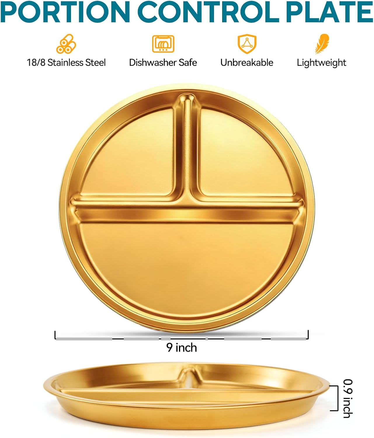 6 Pack Stainless Steel Divided Plate, 9" Non Slip Portion Control Plates for Adults Kids Balance Lunch, Unbreakable Toddler Set Indoor Outdoor for Party, Home, Gold - Image 2