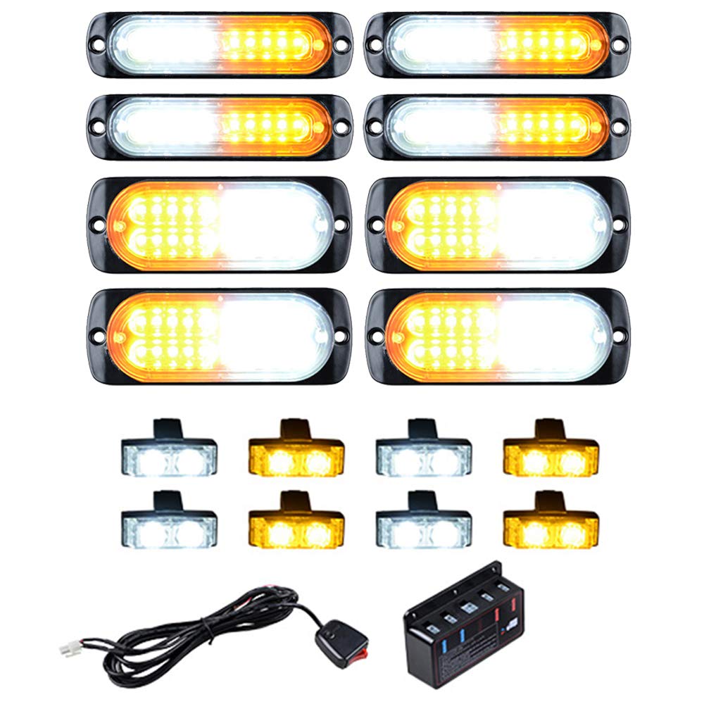 Astra Depot Set Amber White (4X 10-LED and 4X 20-LED) with Combo 4pcs White 4pcs Amber 2-LED Flashing Strobe Lights Bar Emergency Warning Caution Hazard
