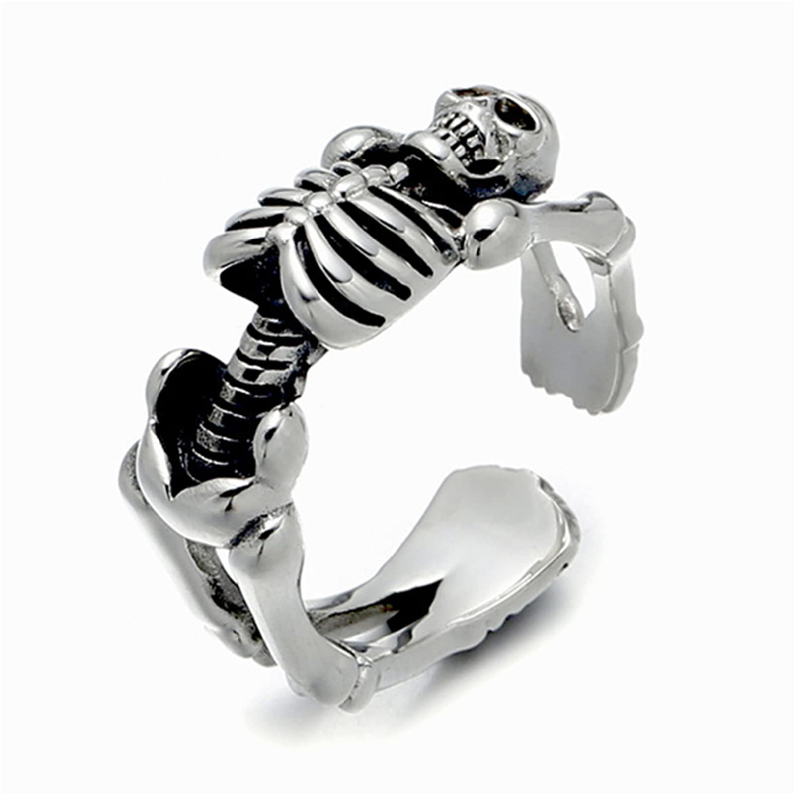 RobertDTesta S925 Sterling Silver Men's Skull Ring, Adjustable Opening Vintage Fashion Skull Ring,Silver,10