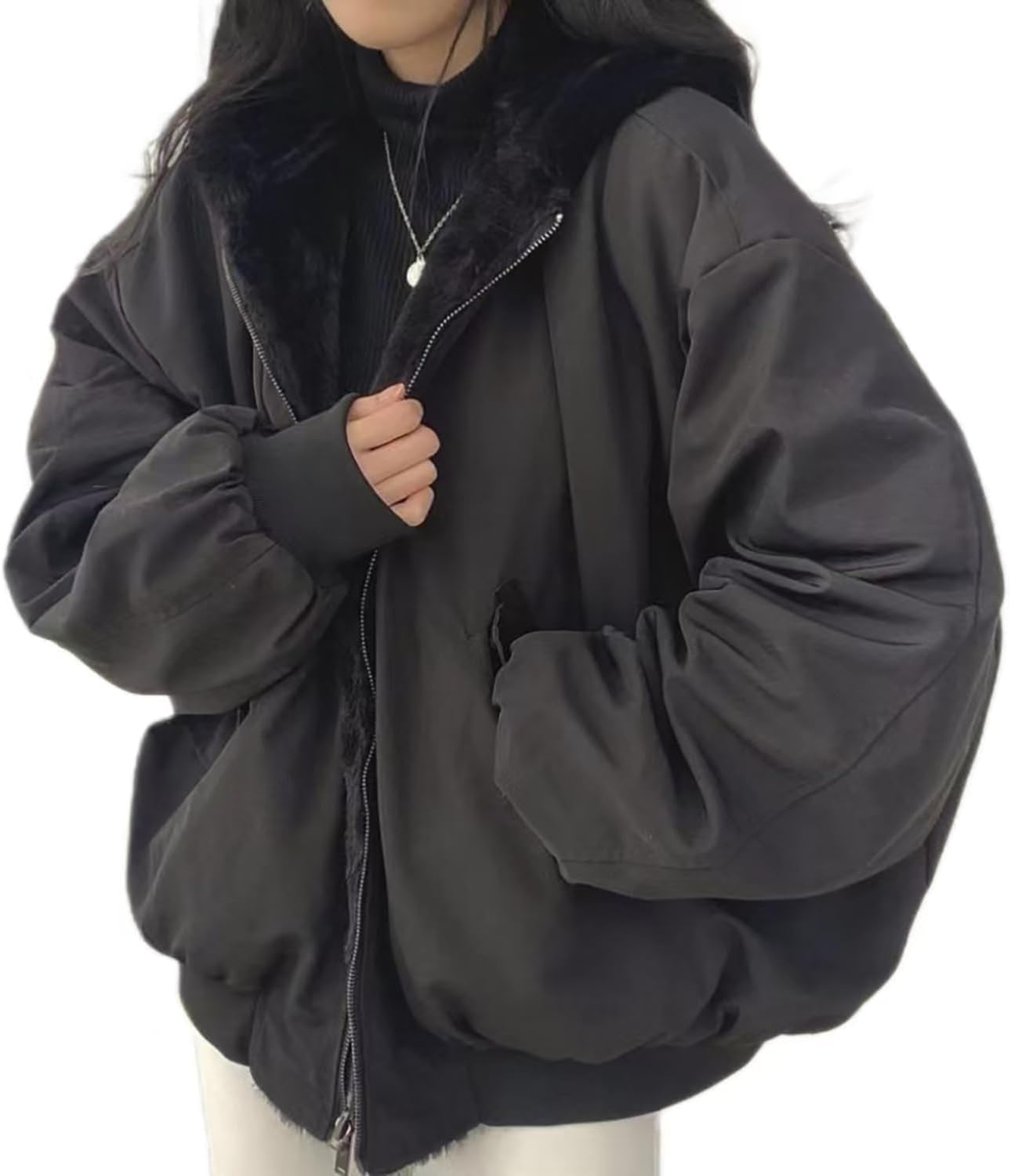 Sherpa kurtka dla kobiet nastolatków Odwracalna Y2K Zip Up Hood Fuece Furee Futro Zima Zełoty Płaszcz CuteCore Koreańskie ubrania, czarne, xxl
