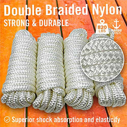 Image of Dock Lines for Boats 3 /8 inch x 15ft, 4 Pack Double Braided Nylon Boat Rope | 12 inch Loop, Marine Grade Mooring Line for Docking, White, Better Boat