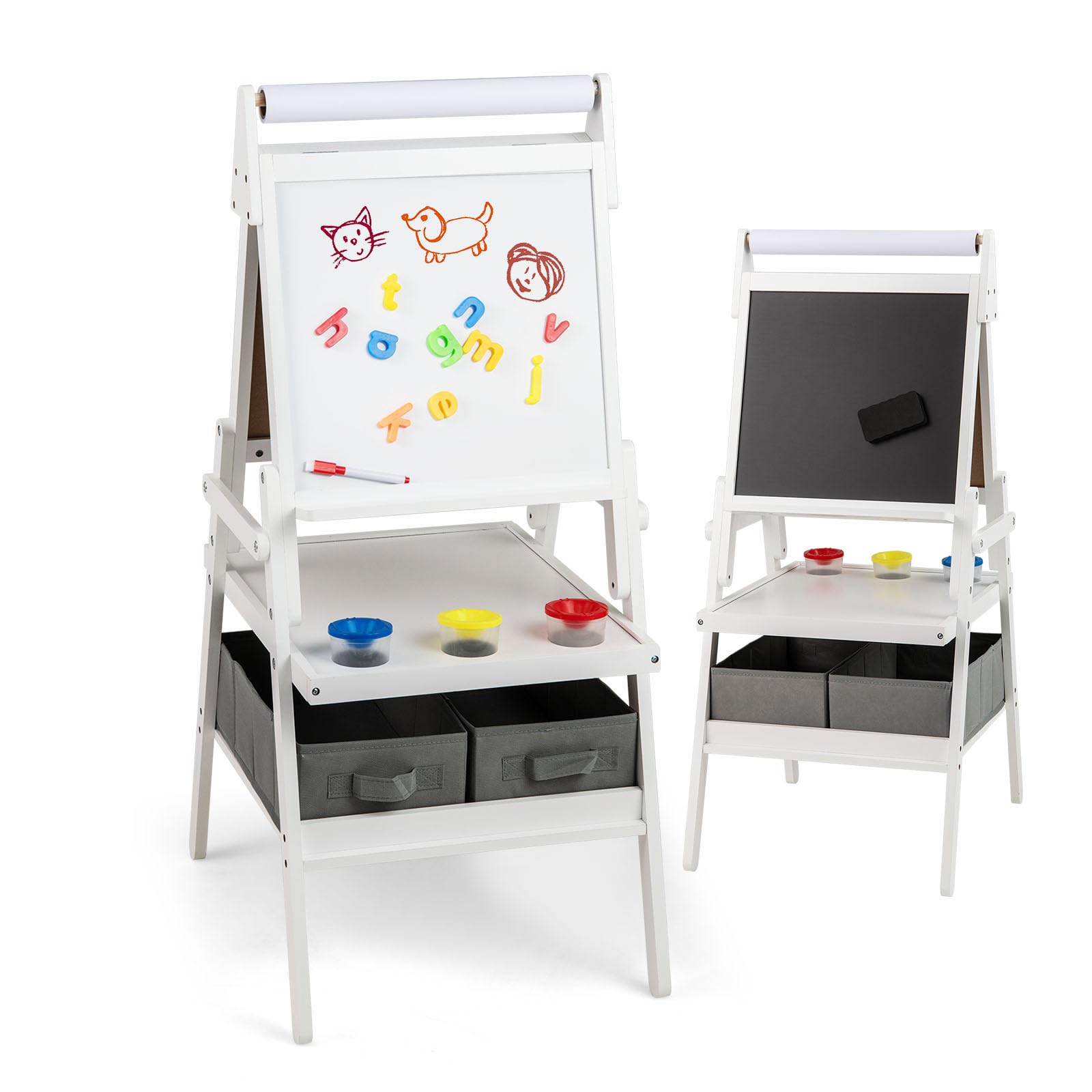 RELAX4LIFE Cavalletto per Bambini, Cavalletto a Doppia Faccia con Rullo di Carta, Vassoi di Stoccaggio, 4 Tazze per Pittura e 2 Cassetti, Cavalletto Disegno in Legno per Bambini 3-10 Anni