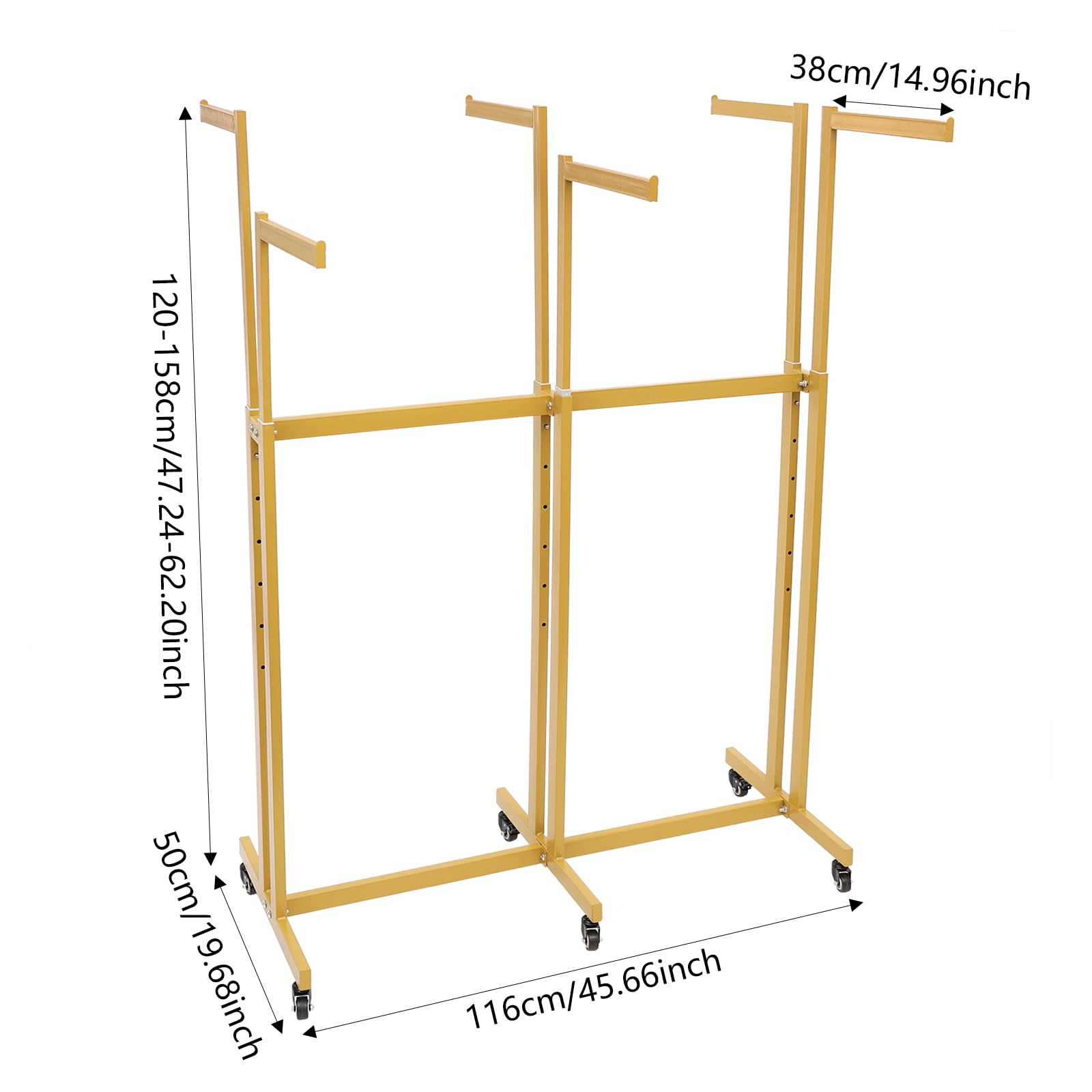 CRYBY Garment Display Rack, Adjustable Clothing Retail Rack Clothing Hanger Stand with 6 Arms & 6 Universal Wheels, Iron Clothes Rack Garment Rack Shirt Rack Retail Display Rack for Home (Gold)