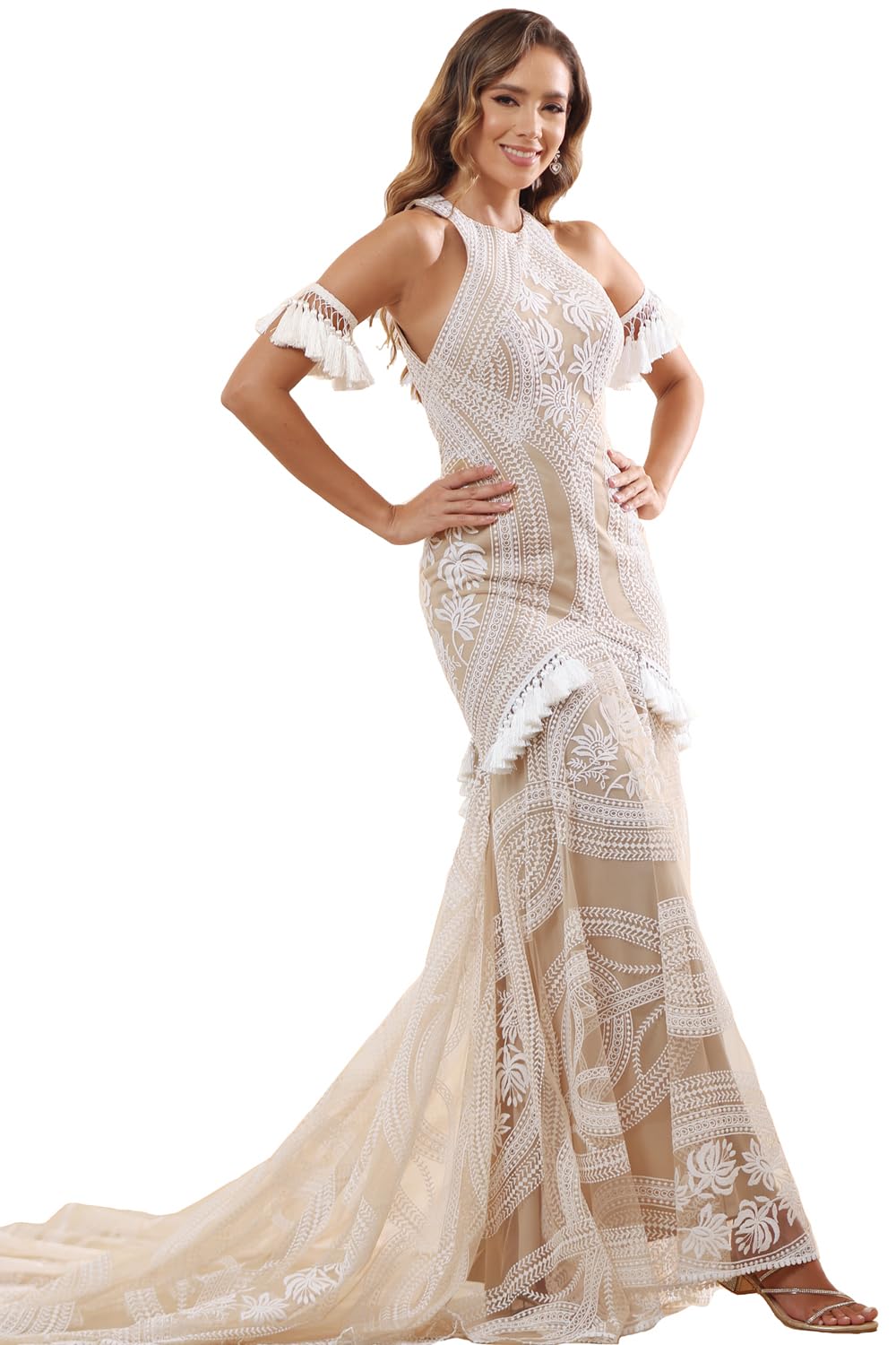 LIPOSA Romantic Ivory Lace Wedding Dresses for Brides V Neck Backless Cap Sleeves Sheath Boho Bridal Gown for Bride