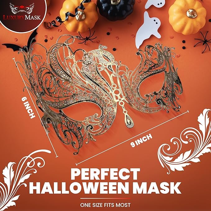 Image of Metal Filigree Masquerade Mask for Women - Swan Style Mask with Rhinestones for Mardi Gras, Prom, Halloween & Venetian Party
