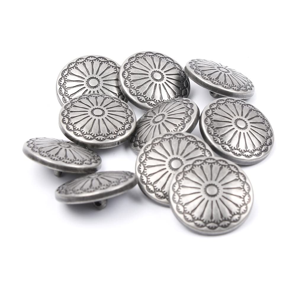 Modny metalowy guzik do ubrań, Antyczne srebro Vintage kwiat grawerowany guzik z trzpieniem metalowe okrągłe guziki do odzieży DIY Jean Craft akcesoria
