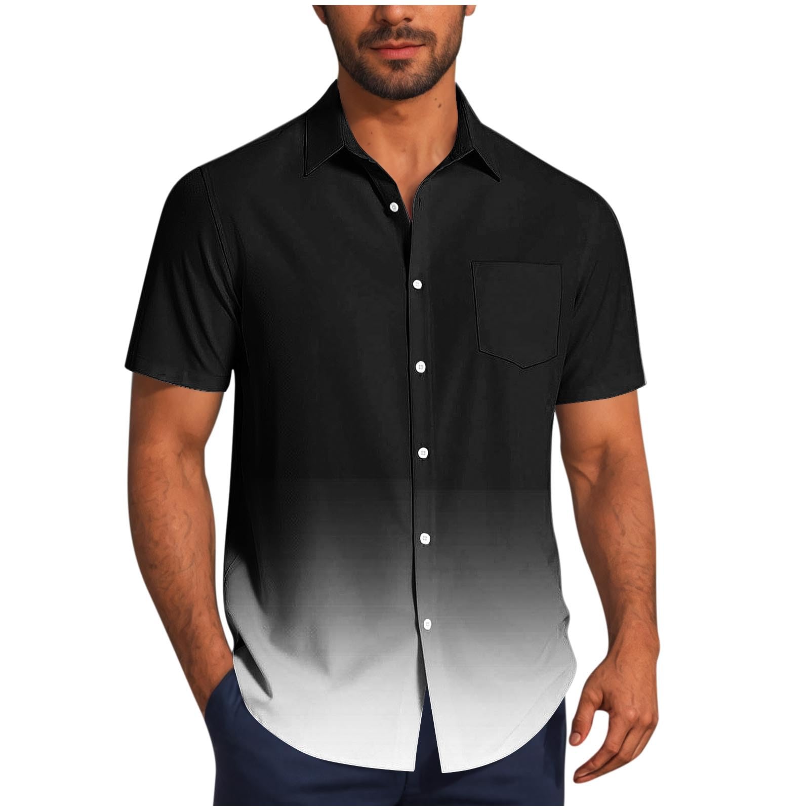 Men's Gradient Print Button Down Shirts Casual Fashion Short Sleeve Lapel Shirts Summer Beach Vacation Blouses Tops