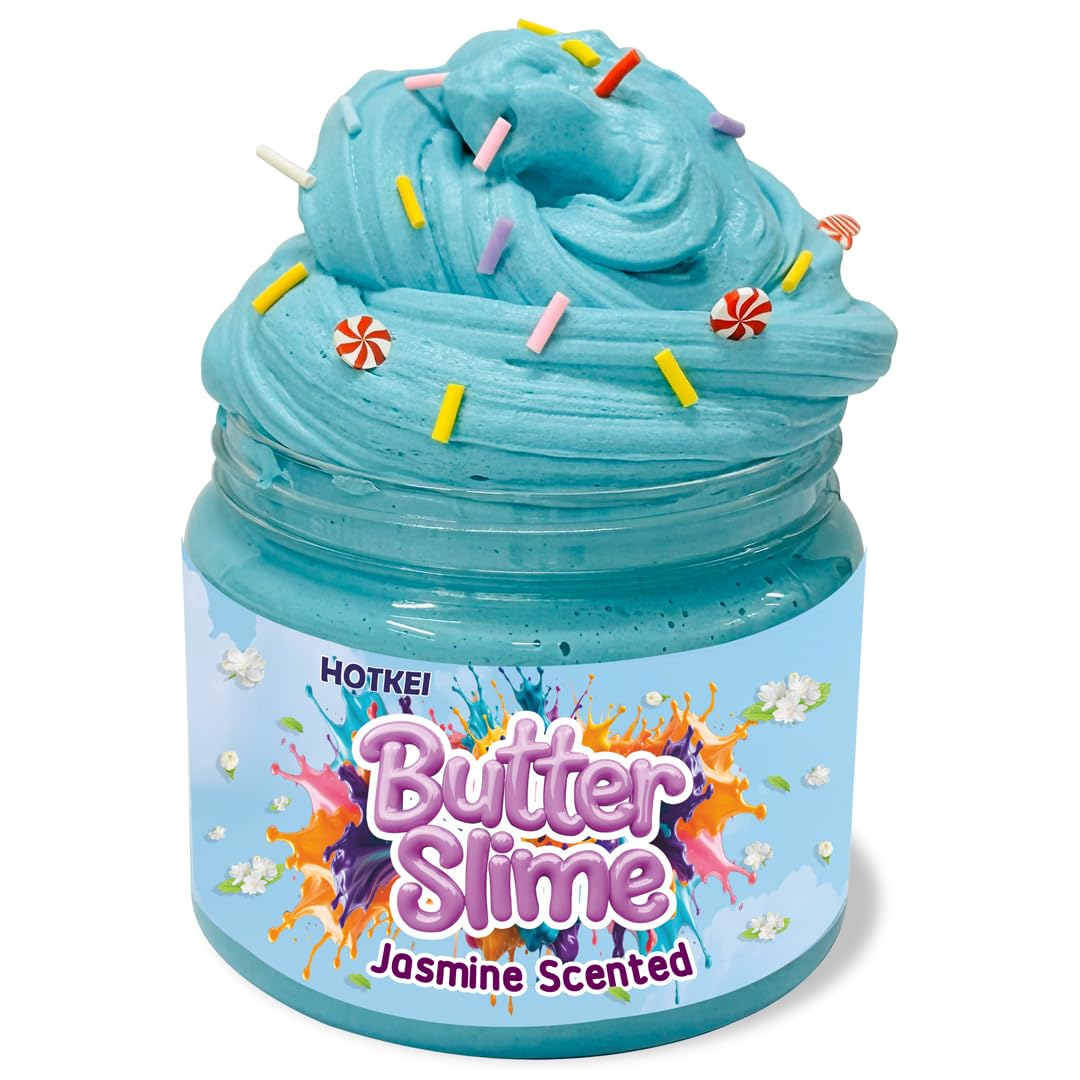 HOTKEI Teal Color Jasmine Scented Butter Slime for Kids 3 to 10 Years Kit Set with Sprinkles Candy Charms Soft Stretchy Toy Slime Birthday Return Gift Toys for Kids Boys Girls Birthday
