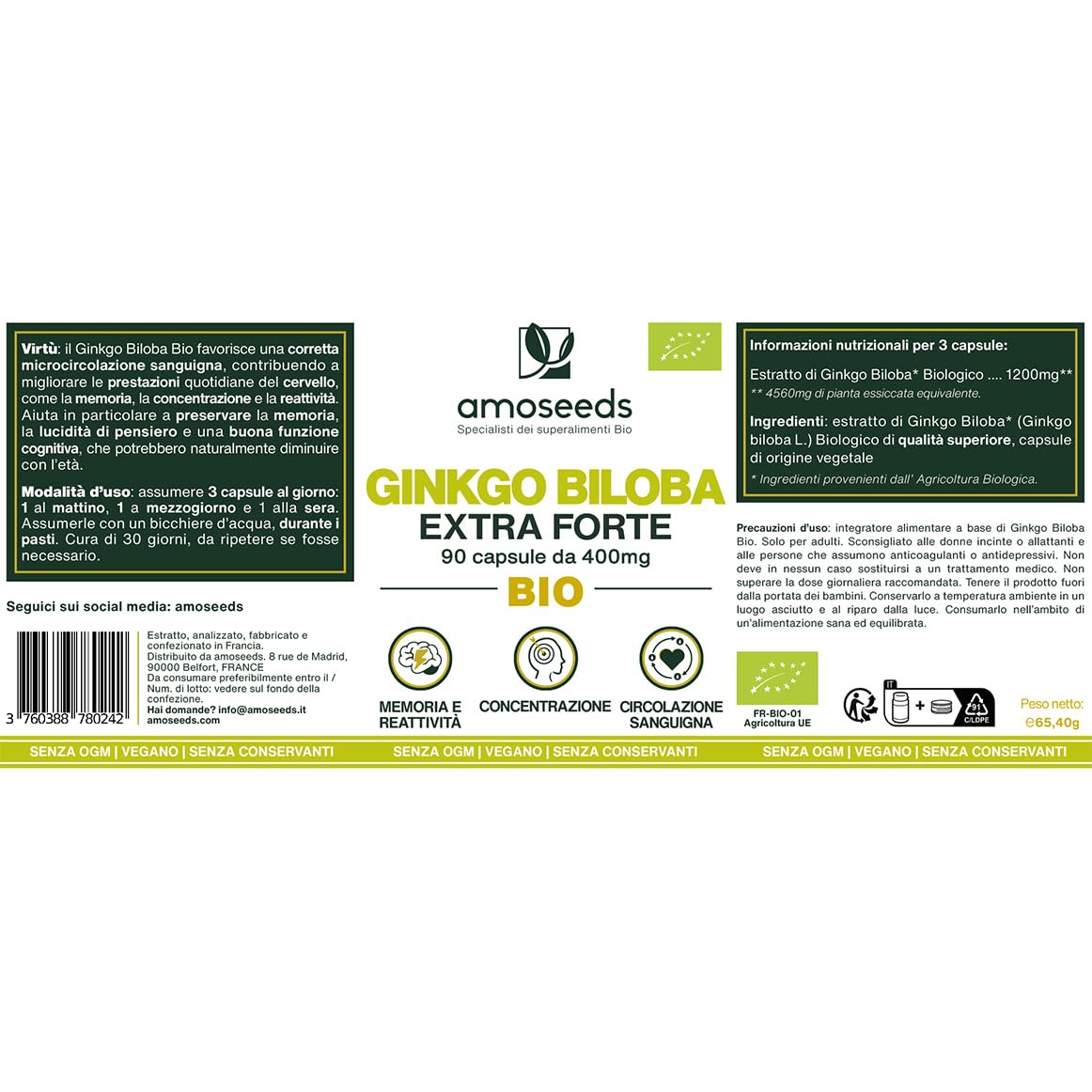 Ginkgo Biloba BIO | Extra Forte, 4560mg al giorno | Contiene Flavonoidi e Terpeni | 90 capsule vegane | Memoria, Concentrazione, Circolazione Sanguigna | Qualità Superiore