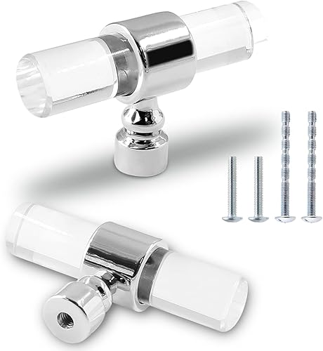 Paquete de 2 Perillas Acrílicas para Gabinetes y Cajones Plateadas, Tiradores Transparentes de Barra en T de Un Solo Agujero para Cajones de Tocador