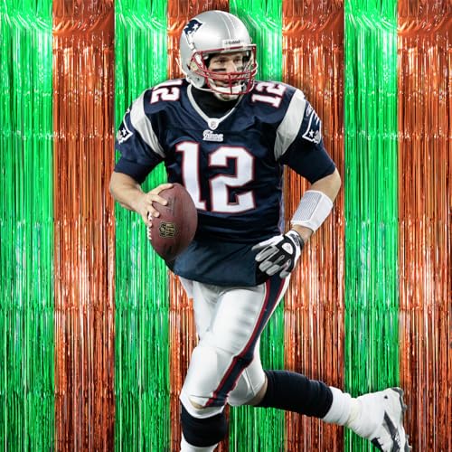 Image of Voircoloria 2 Pack Football Party Decorations, Green and Brown Foil Fringe Backdrop Curtains, Tinsel Streamers, Door Shimmer for Super Bowl or Birthday Party