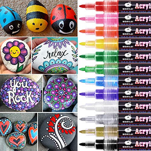WONSAR Acrylstifte Marker Stifte, 12 Farben Wasserfest Acrylstifte für Steine Bemalen, Acrylfarben Stifte für Kinder DIY Keramik Glas Porzellan Metall Kunststoff Holz Leinwand (0.7mm Spitze)
