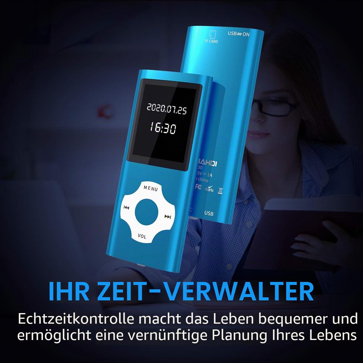 MYMAHDI Bluetooth 5.0 MP3/MP4-Player mit 32 GB Speicherkarte, 1,8 Zoll LCD-Bildschirm, unterstützt bis zu 128 GB, Video/Sprachaufnahme/FM-Radio/E-Book-Reader/Fotobetrachter, Dunkelblau