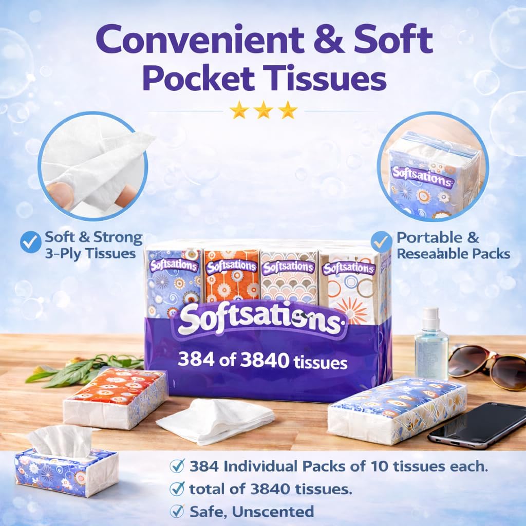 3,840 Count 3-Ply Pocket Facial Tissues – 384 Travel Packs with 10 Tissues Each, Bulk Value Pack