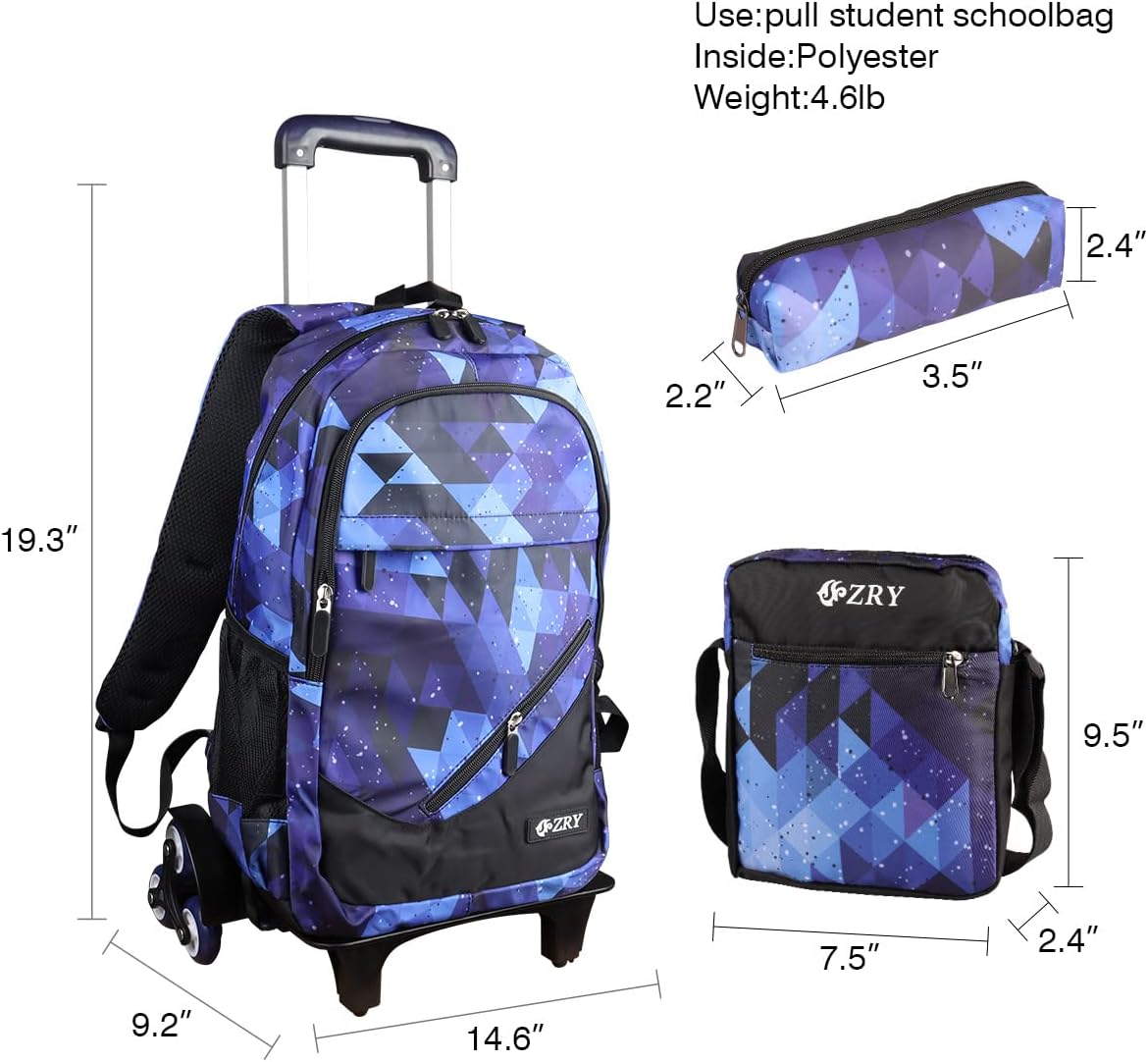 Rolling Backpack Kids Wheeled Bag 18 inch Schoolbag Backpacks with Lunch Bag Pencil Bag Sets 3 in 1 (Blue Rhombus)
