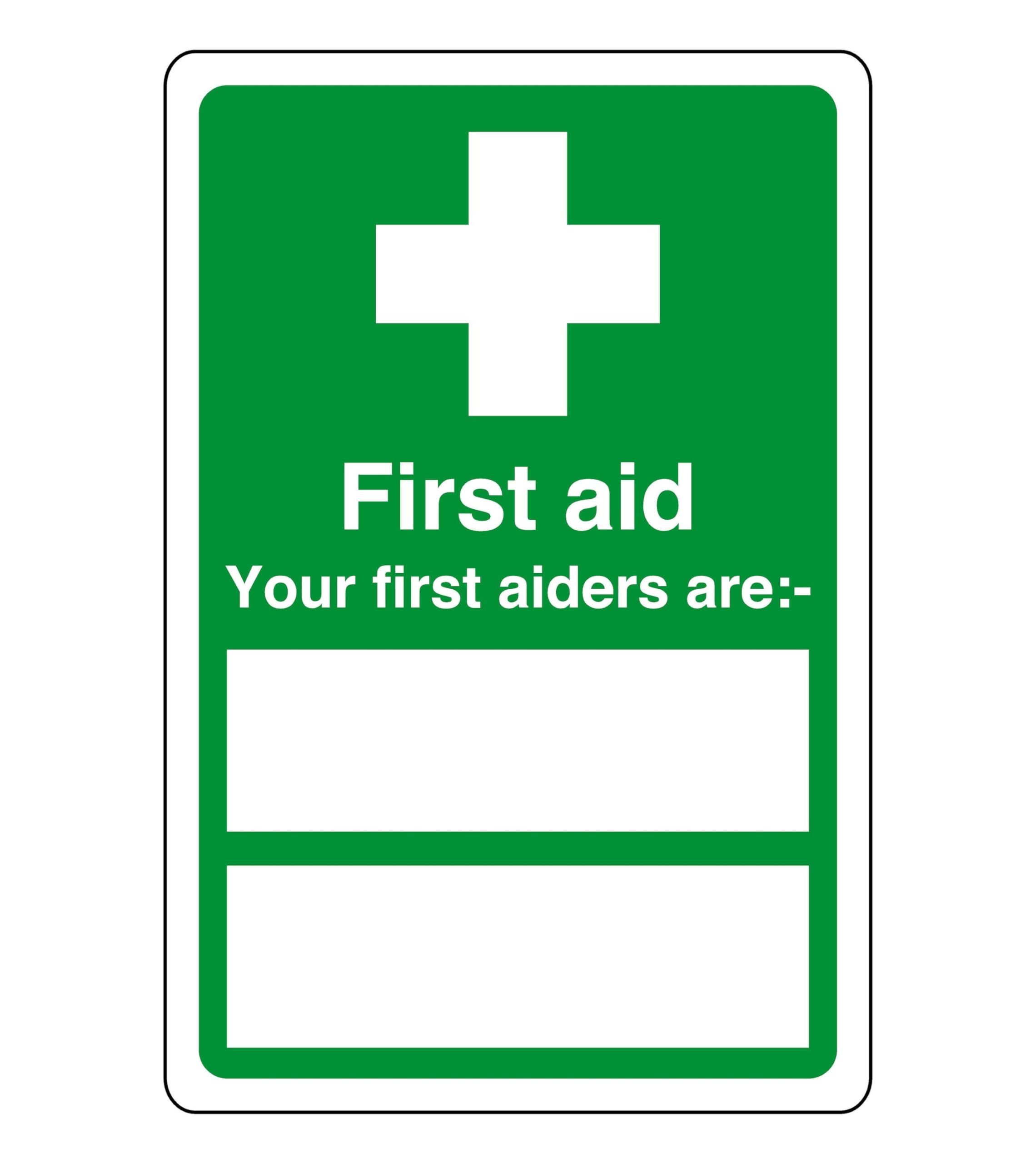 First aid your first aiders are "white box" - safety sign - High tack self-adhesive sticker (150mm x 100mm) Viewing Distance within 3m.