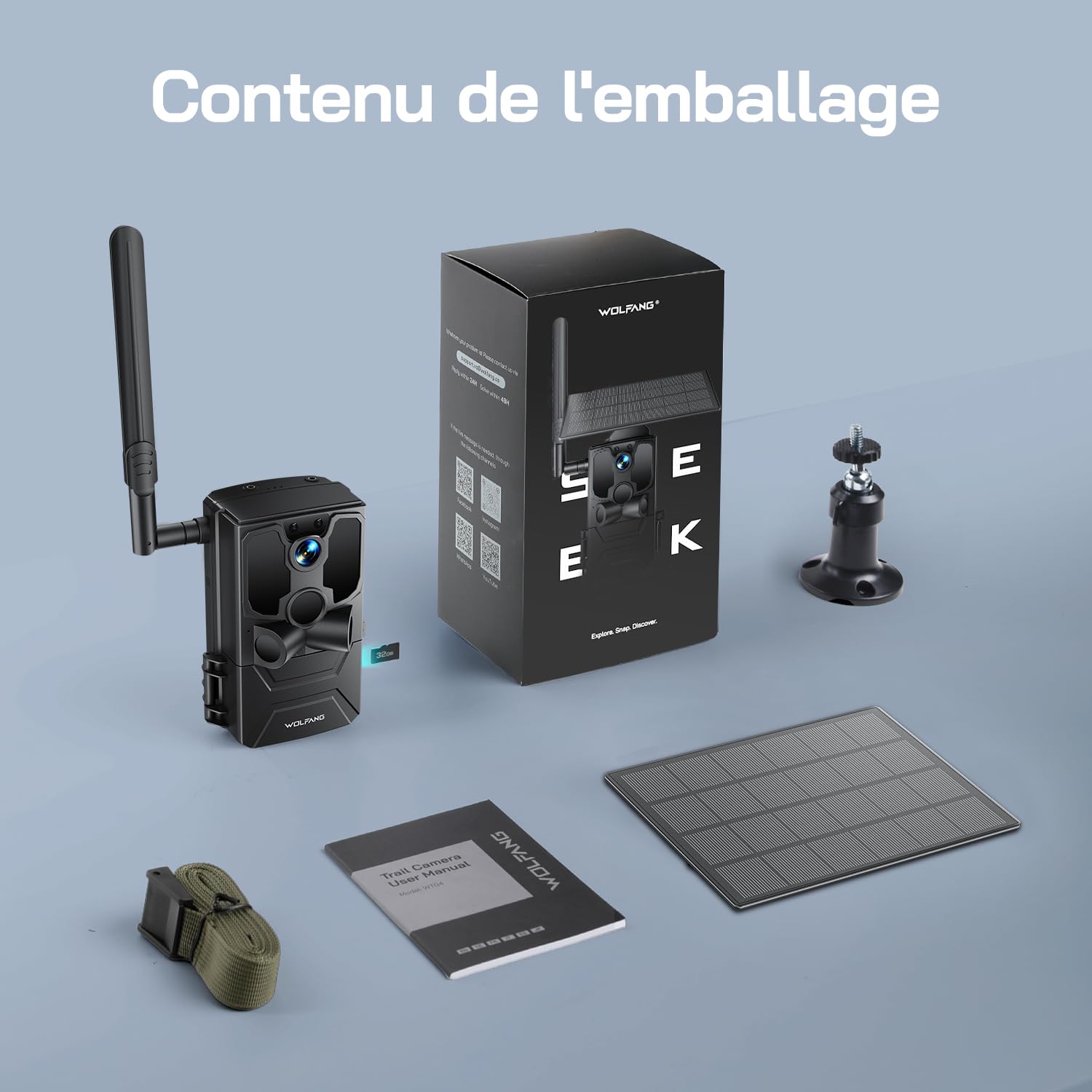 WOLFANG 4G Caméra de Chasse Solaire Extérieure avec Carte SIM, 2.5K Caméra Surveillance sur Batterie avec Détecter l'alarme, Vision Nocturne, IP66 Etanche, Audio Bidirectionnel, Noir