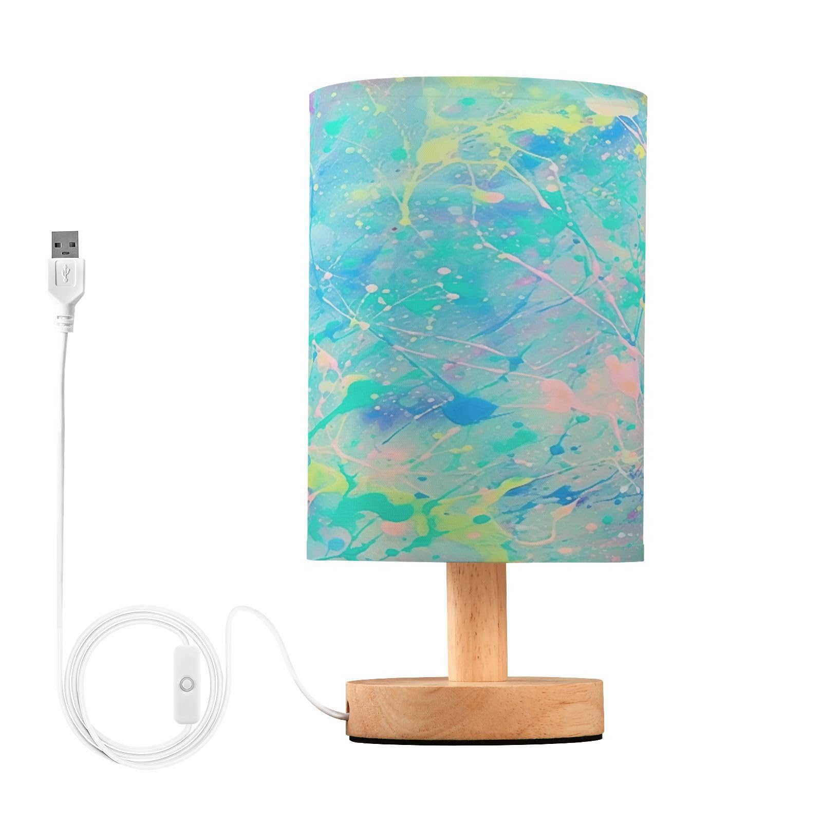 SKYSHU Iridescent Bedside Table Lamp, Small LED Desk Light USB Nightstand Lamp with Non Slip Wood Base & Eye-Friendily Lampshade for Living Room Bedroom Dorm Home Office Desk Decor