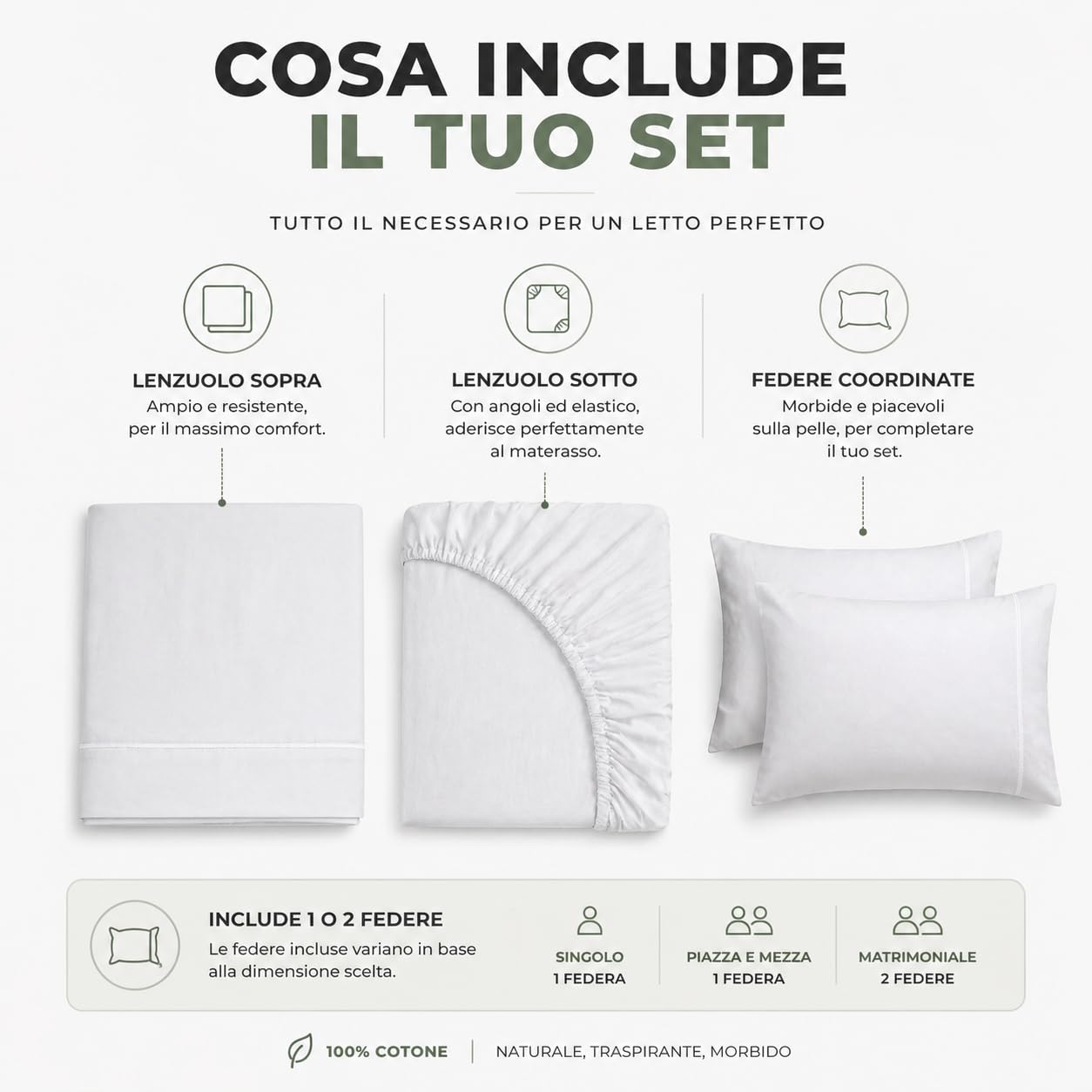 Set Lenzuola in 100% Puro Cotone, Completo letto, Lenzuola sotto con angoli, Sopra e Federa cuscino, Morbidezza e Comfort Naturale (M158 - Verde, Singolo)
