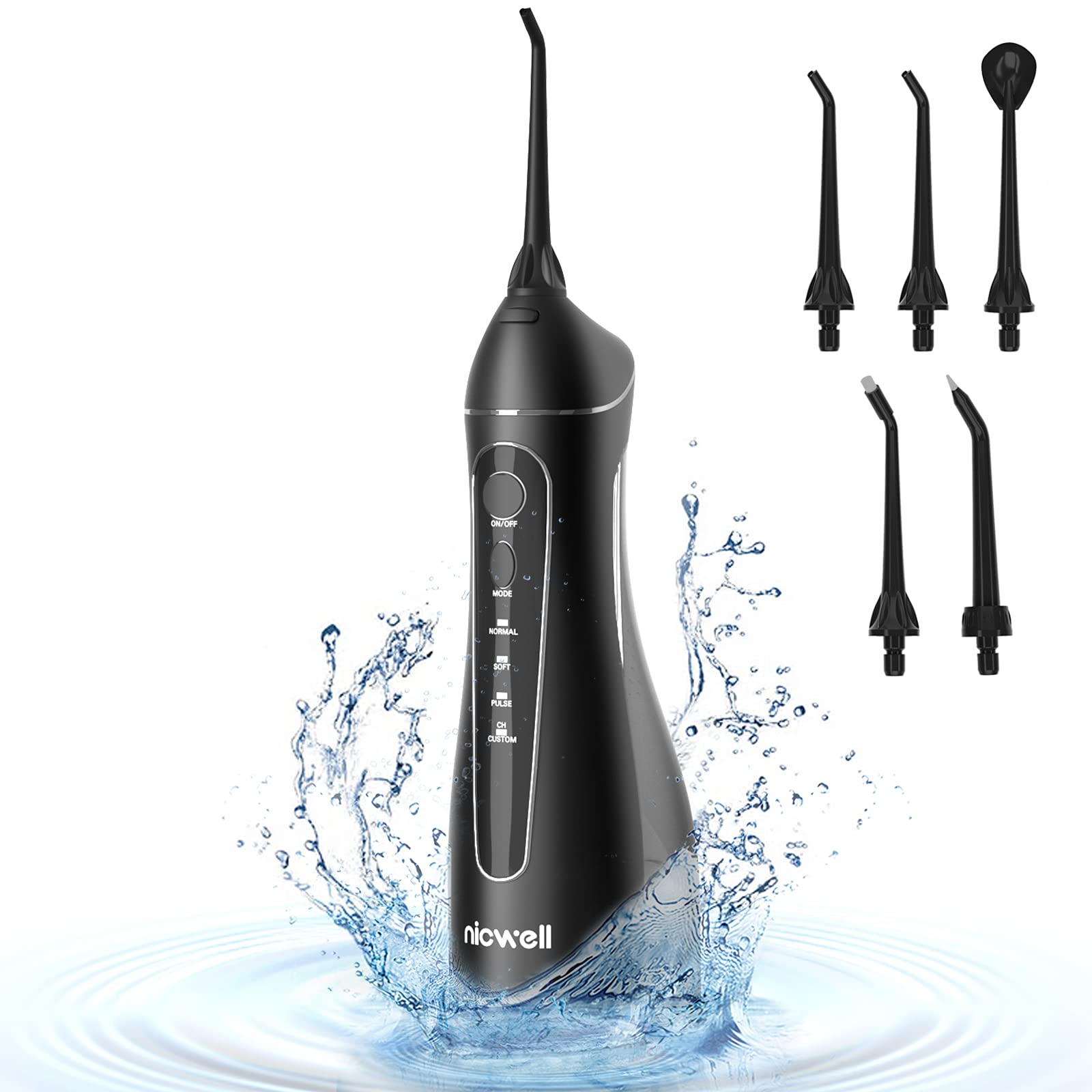 Irrigador Bucal Portatil Profesional - Irrigador Dental con 5 Boquillas 4 Modos, IPX7 Impermeable Limpieza Dientes, USB Recargable para Limpieza Dental, Irrigadores bucales Electrico Negro