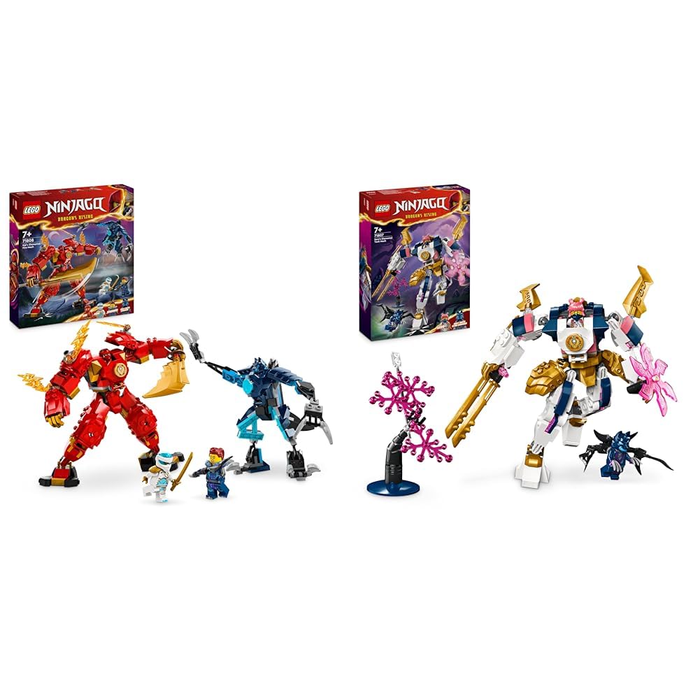 NINJAGO Kai’s Elemental Fire Mech, Action Figure Building Set from Dragons Rising & NINJAGO Sora’s Elemental Tech Mech, Customisable Ninja Action Figure Toy
