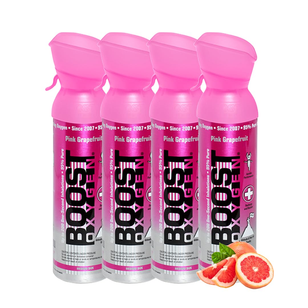 Boost Oxygen Portable Oxygen Cylinder with 95% Oxygen - 20L, 4x5L Oxygen Canister with Oxygen Mask for More Than 400 Inhalations - Portable Oxygen Can, Oxygen for Home use (Pink Grapefruit Flavour)