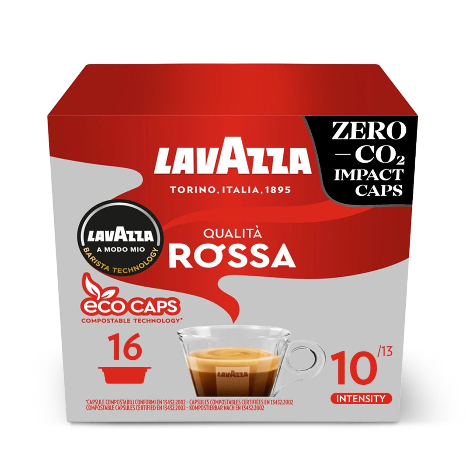 LavazzaA Modo Mio Qualità Rossa, 96 Coffee Capsules, with Chocolate and Dried Fruit Notes, Arabica and Robusta, Intensity 10/13, Medium Roasting, Compostable, 6 Packs of 16 Compostable Coffee Pods