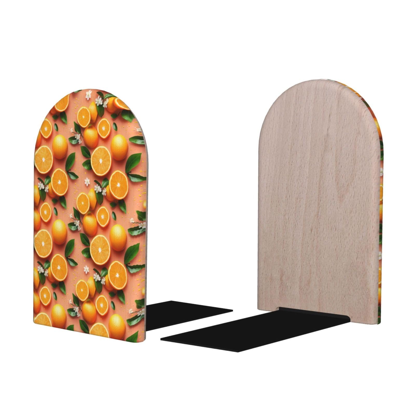 Realistic Orange Print BookEnds 1 Pair, Decorative Bookends for Heavy Books, Wood Book Ends for Shelves, Book Organizer for Home Desk Office Supplies