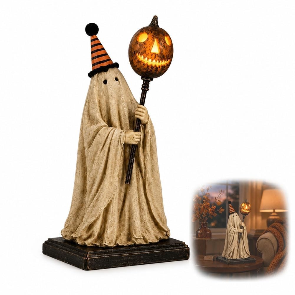Megatwix Pumpkin Witch Lantern Figurine, Spooky Whimsy Halloween Home Decor, Spook Pumpkin Lamp, Vintage Gothic Resin Statue, Glowing Hat Staff Wizard, Scary Handpainted Figure Gift,Orange