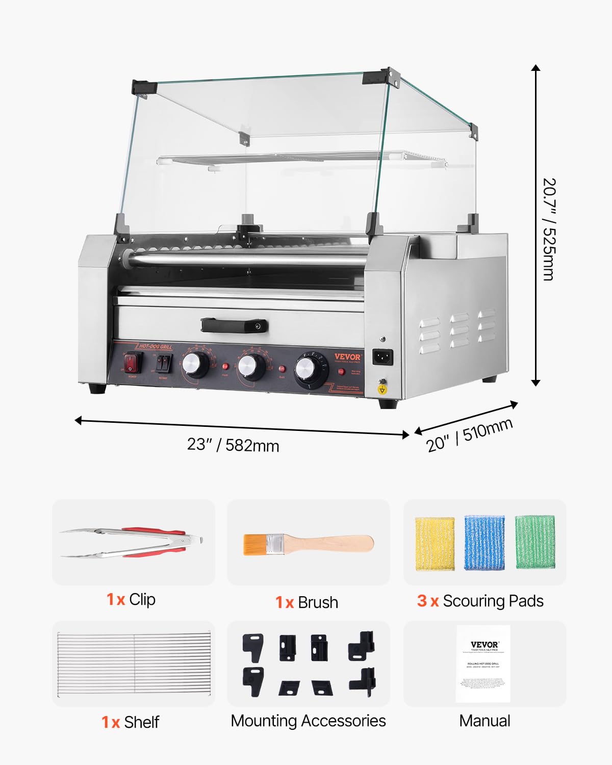 VEVOR Rullo per Hot Dog, 30 Hot Dog 11 Rulli, Cuocitore per Salsicce in Acciaio Inox da 2400 W Scalda Panini, Coperchio, 3 Controlli di Temperatura, Contenitore Laterale, Vassoio Raccogli-Olio