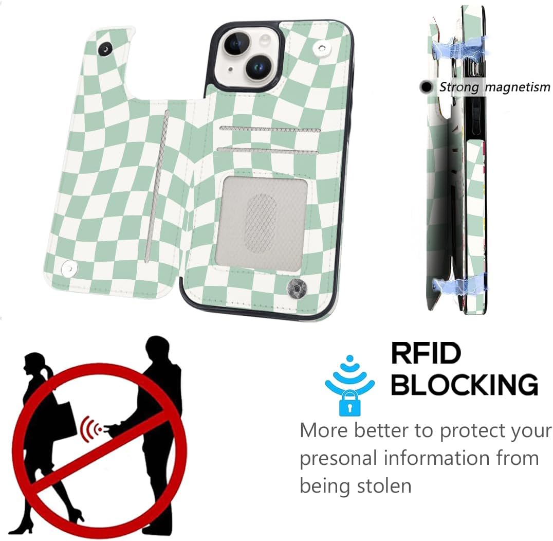 Compatible with iPhone 14/13 6.1" Wallet Case with Card Holder Folio Flip PU Leather Kickstand Card Slots Case Double Magnetic Clasp and RFID Blocking Cover 6.1 Inch (Green Checkerboard) - Image 4