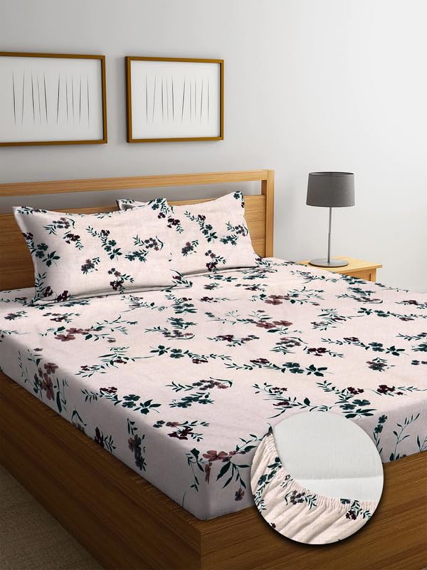 Image of NHD HOME Premium Cotton 220 TC Elastic Fitted Floral Bedsheets with 2 Pillow Covers | Double /King Bed with All Around Elastic Wrinklefree Supersoft Breathable |Size-78 x72+10 inches | Beige & Green