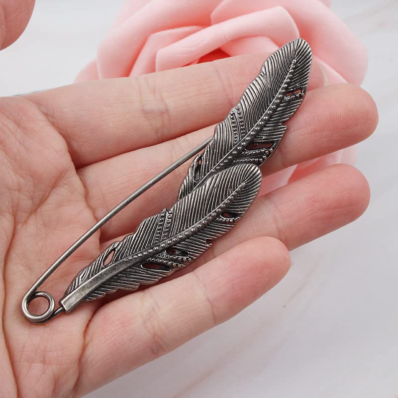Image of Comimark 2 Pc Antique Silver Large Feather Durable Strong Metal Kilt Scarf Brooch Safety Pin