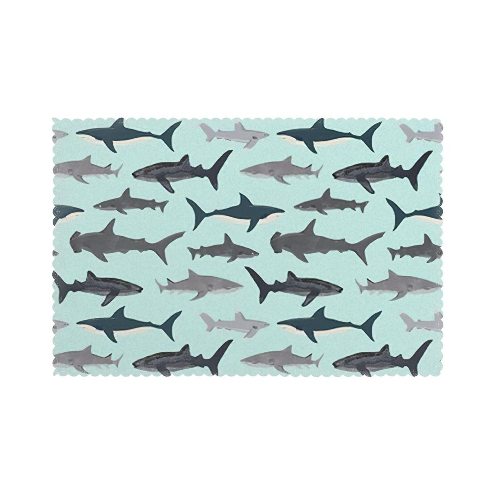 Shark Print Placemats for Dining Table Set of 6 12x18 Inch Table Mats for Party Kitchen Dining.