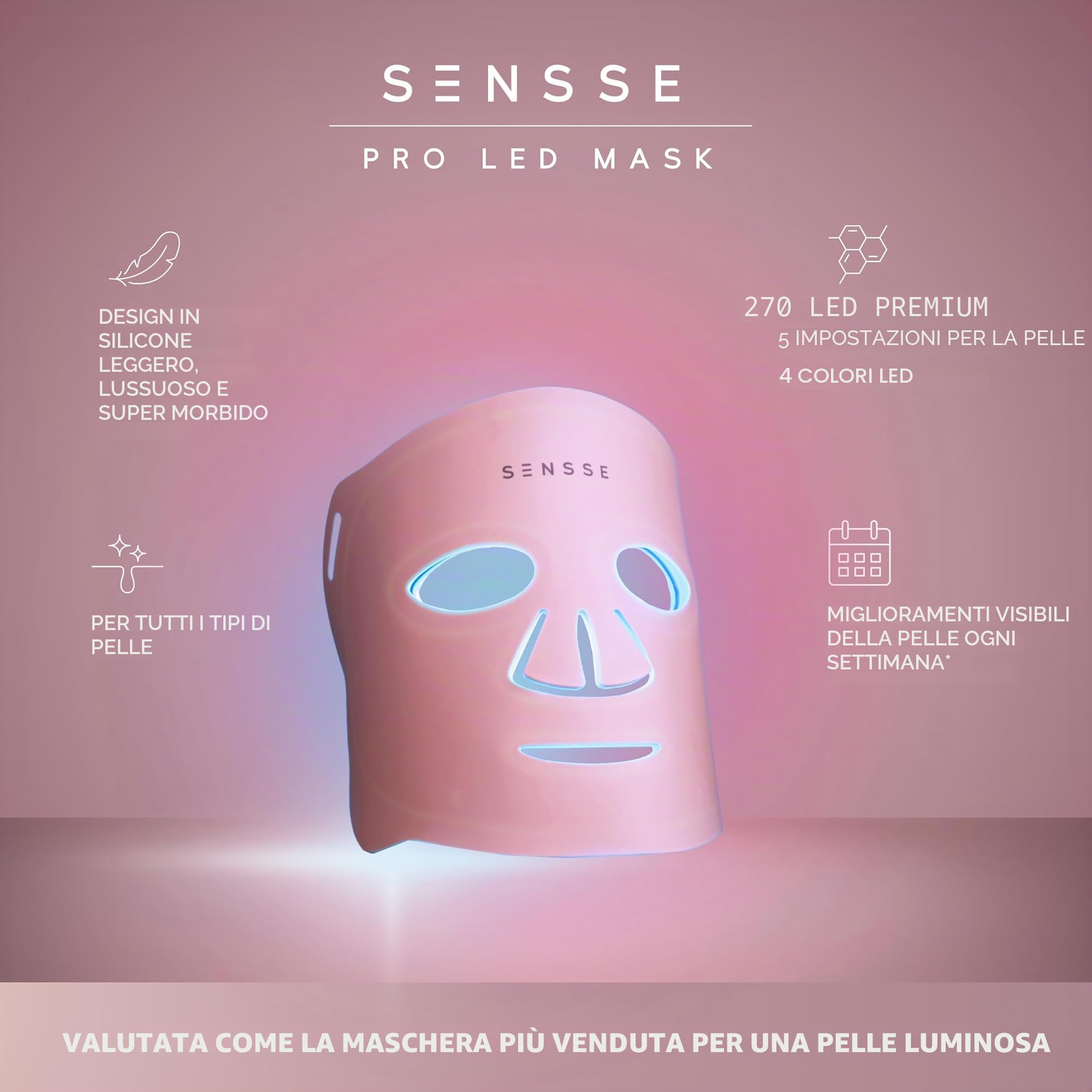 SENSSE - Maschera professionale a LED, in silicone morbido e flessibile di alta qualità, per un uso sicuro e confortevole per qualsiasi forma del viso