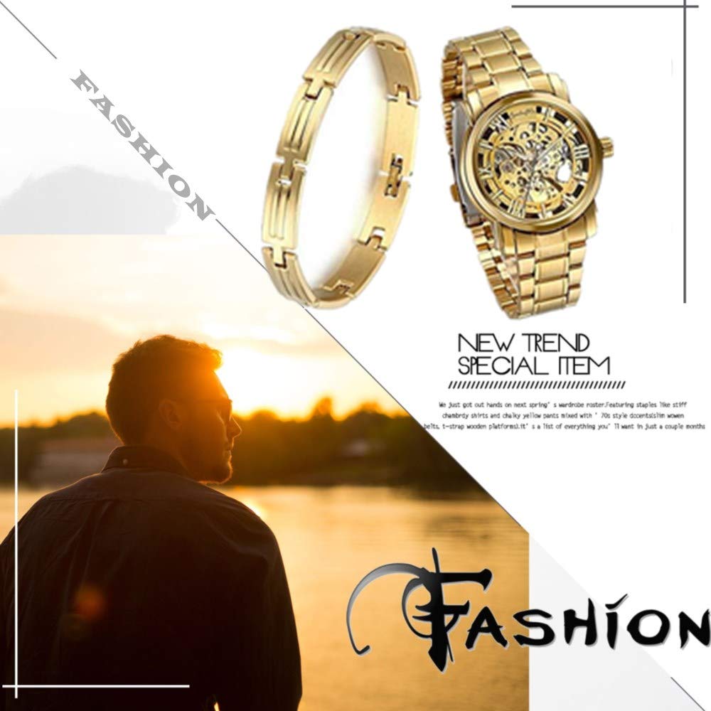 JewelryWe Reloj Mecánico Oro Hombre: Relojes Esqueleto Mecánicos Automáticos Fondo Esfera Transparente Correa de Acero Inoxidable Pulsera - para Ocio Negocios Deportes Regalos
