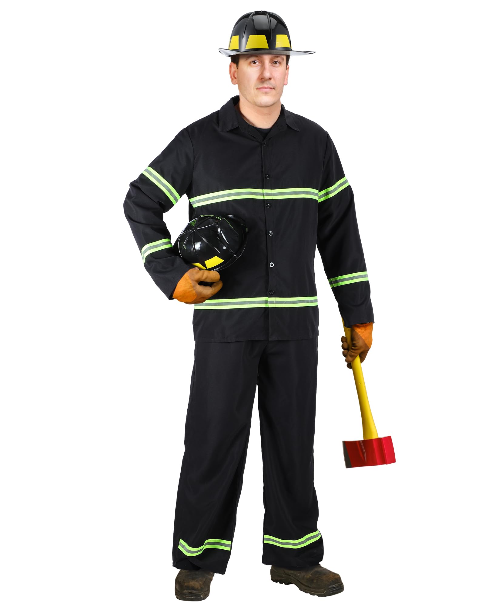 Hicarer 3 Pcs Firefighter Costume for Men Fireman Helmet Jacket Pants Firefighter Halloween Cosplay Party Outfit