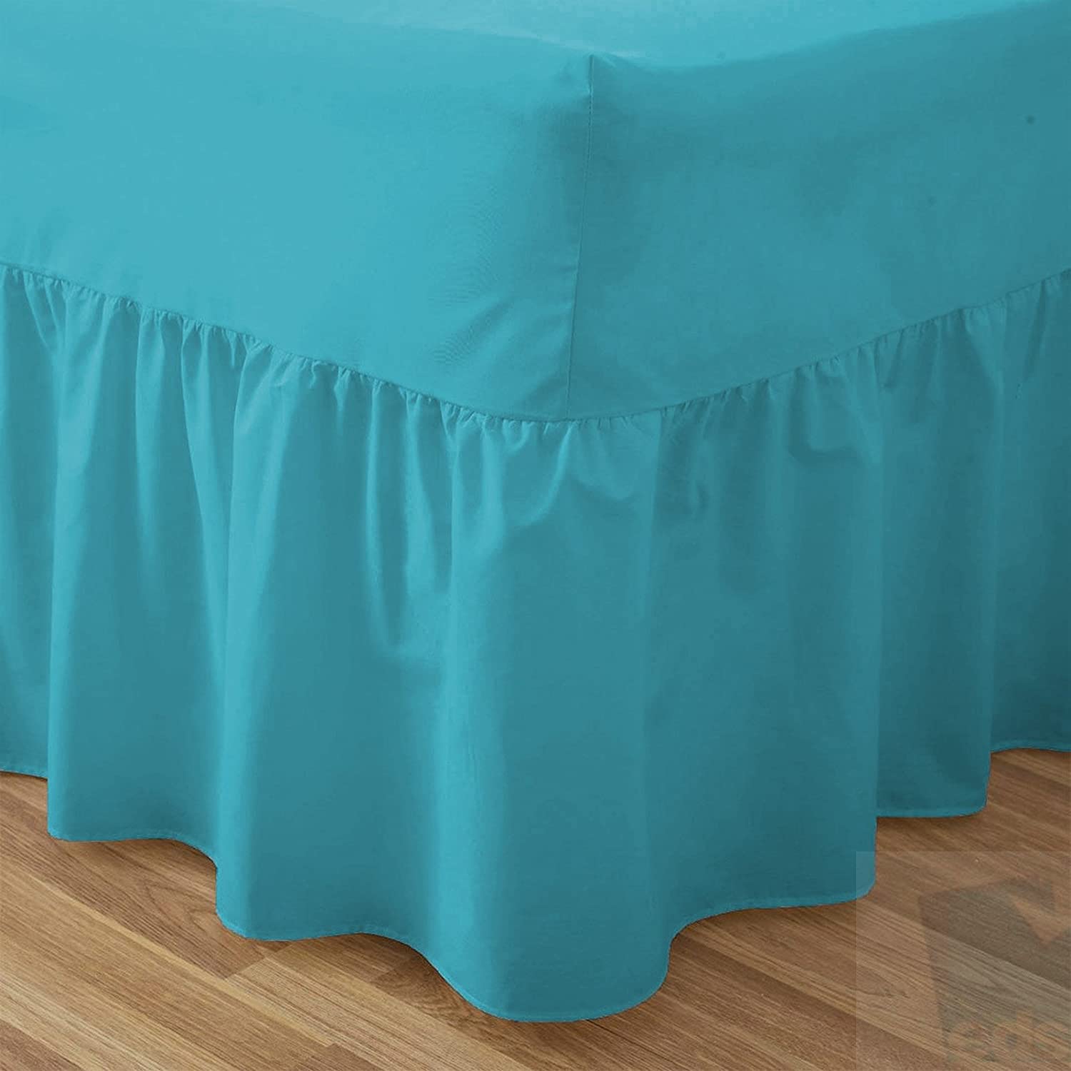 Amber Linen Teal Luxury Plain Dyed Frilled Poly Cotton Platform Base Valance Sheets (, Double)
