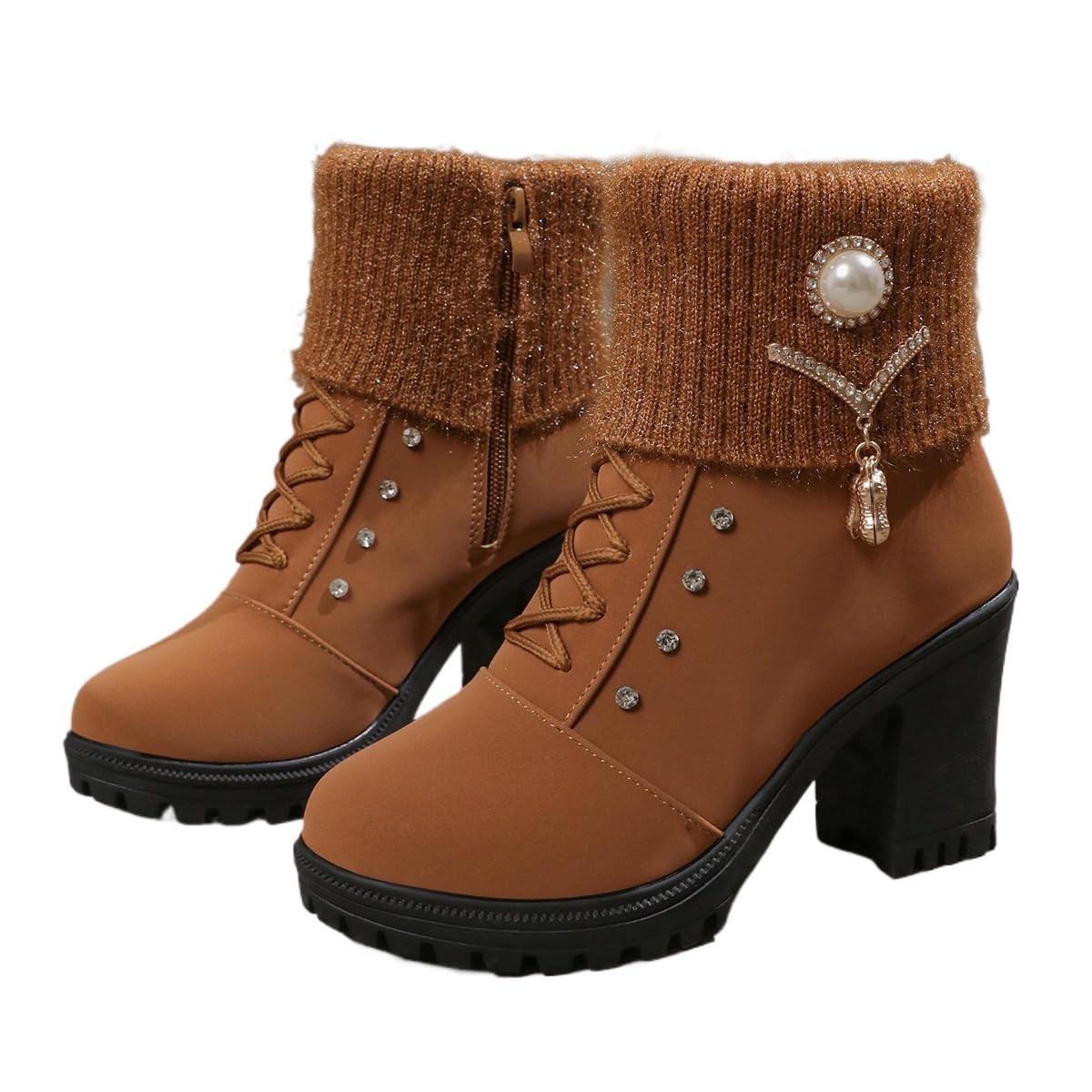 Womens Leather Mid Block Heel Ankle Boots Fashion Rhinestones Buckle Decor Comfort Warm Fur Lined Side Zipper Chunky