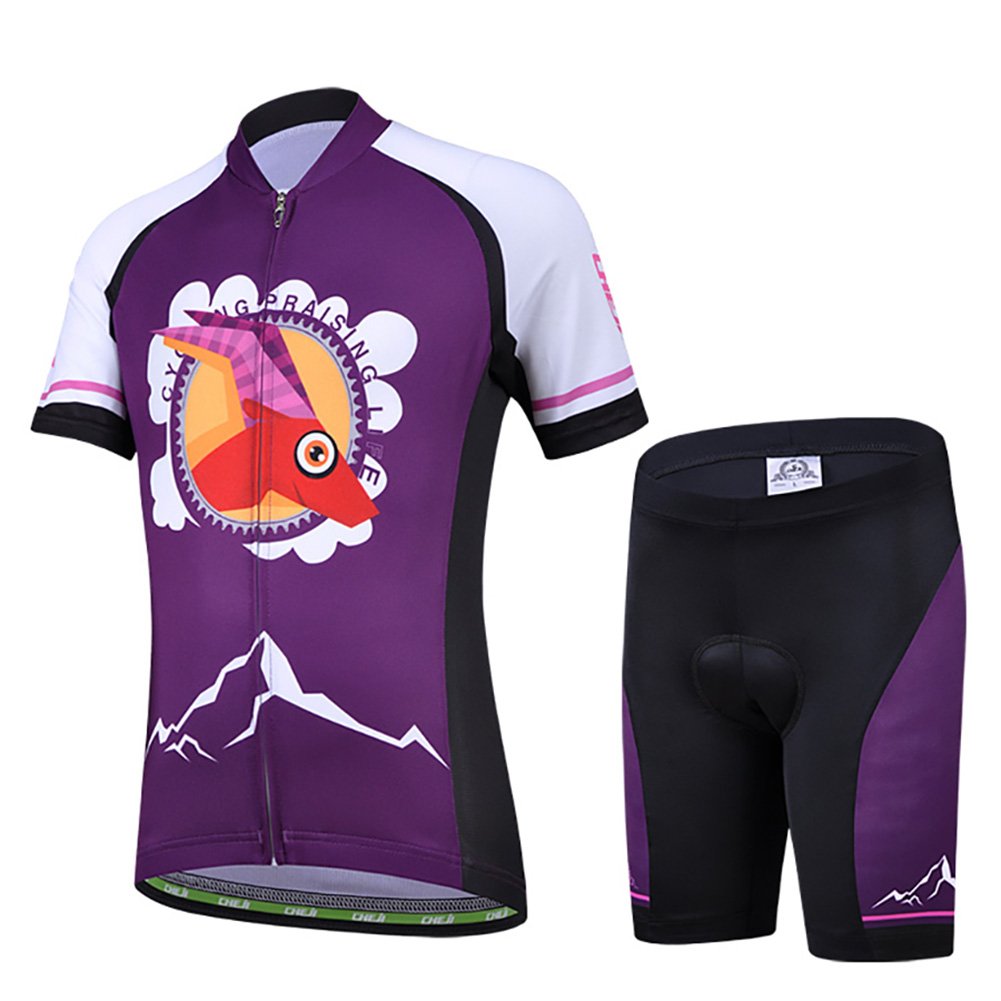 Kinder Jungen Fahrradbekleidung Set Mädchen Atmungsaktive Trikot Kurzarm & Radhose mit 3D Sitzpolster MTB Radsportanzug, Violett, 134/140(Herstellergröße: XL)