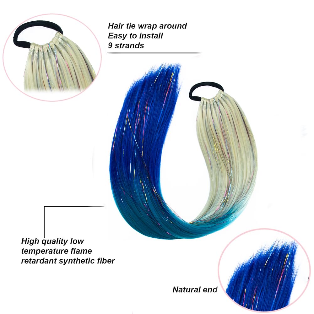 Coloured Ponytail hair Extension with Hair Tie Glitter Tinsel Hair Extension for braiding Natural Soft Pony tail Synthetic Hairpiece for Girl Women Cosplay party (blonde Lake Blue Blue) - Image 3