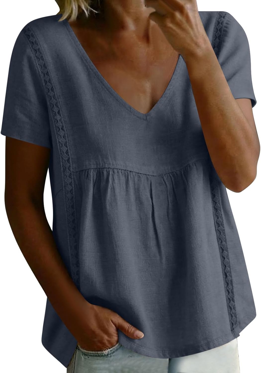 Women's Summer Babydoll Peplum Tops Cute Lace Trim V Neck Short Sleeve Cotton Blouse Casual T Shirts Beach Vacation