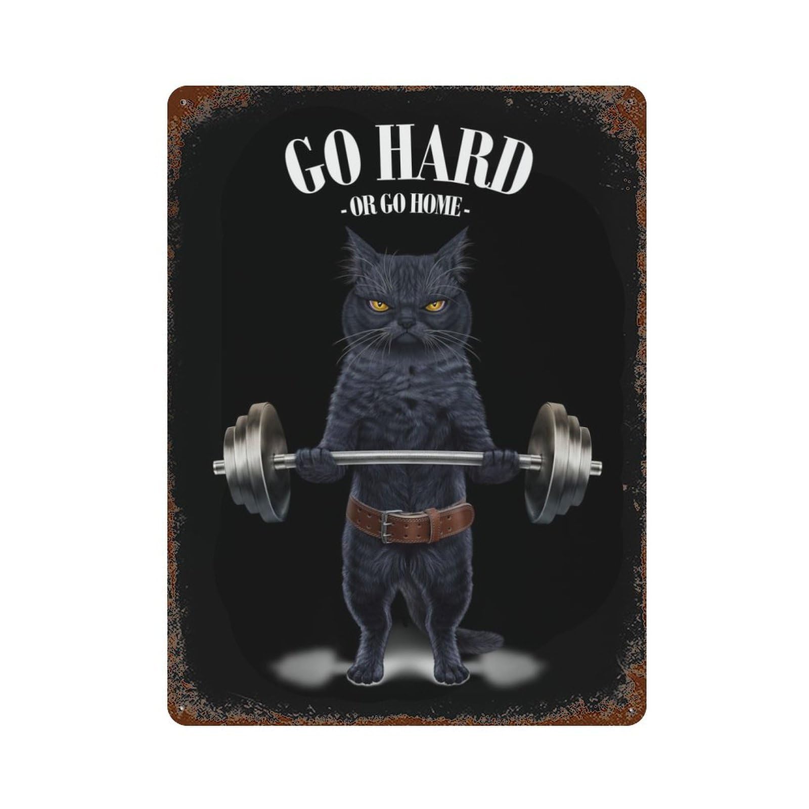 Decorative Tin Sign with Black Cat Weightlifting Design 15.7"x11.8", for Basement, Hobby Room And Garage Decor, Rustic Home Decor