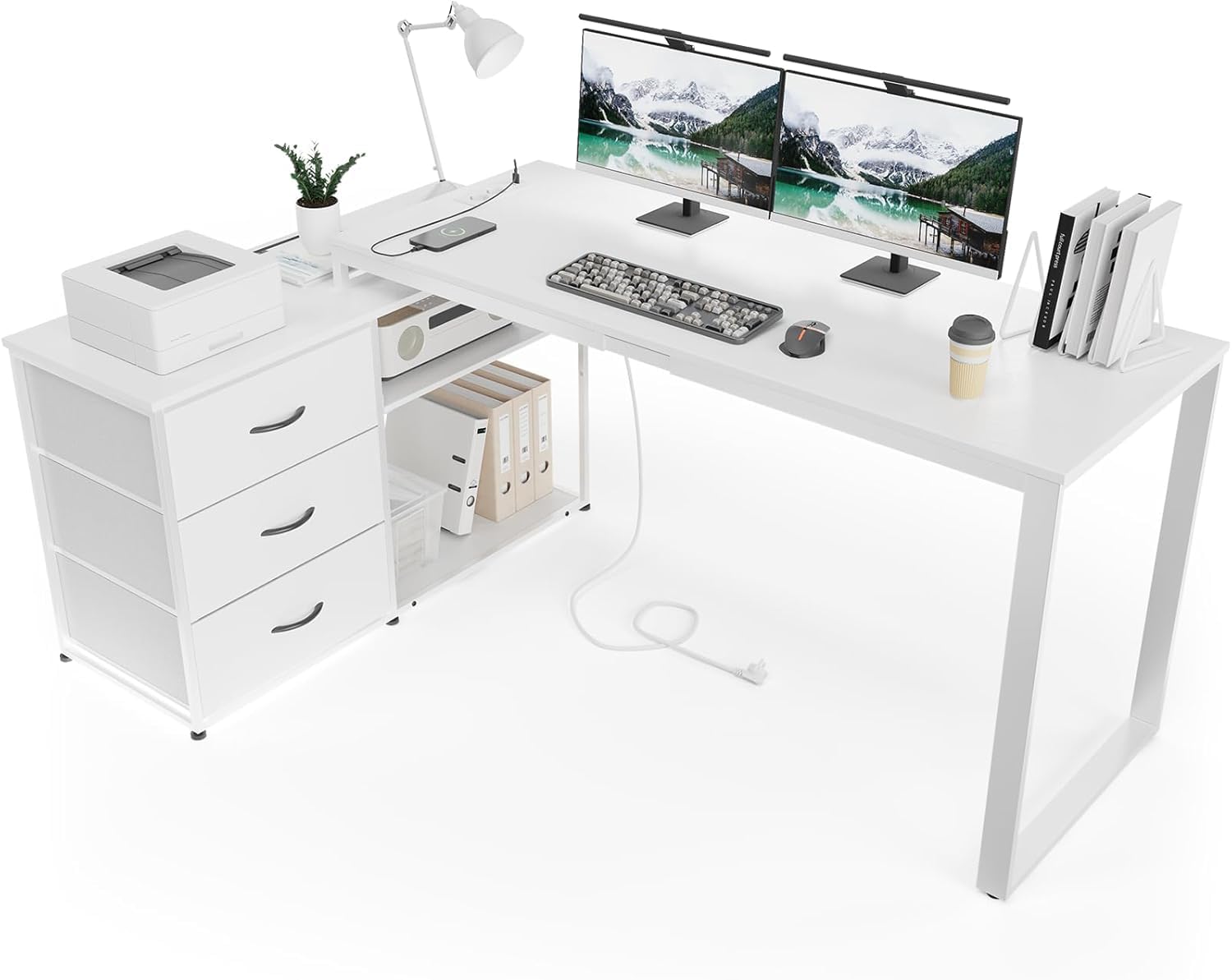 TRIUMPHKEY Bureau d'angle L 140x105cm, 3 Tiroirs & Prises USB, Blanc