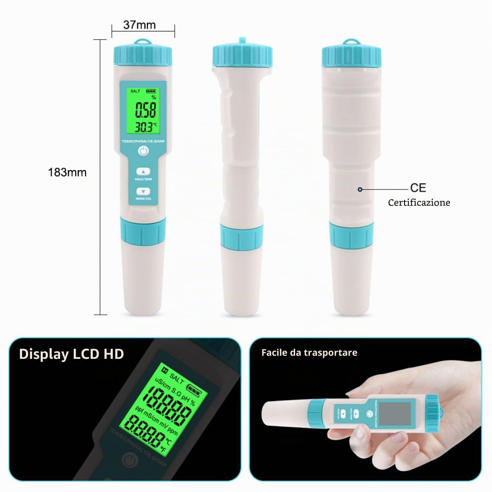 Misuratore pH 7 in 1 con PH/TDS/SALT/ORP/S.G/TEMP/EC, TDS tester con Display LCD, per Piscine, Acquari, Spa