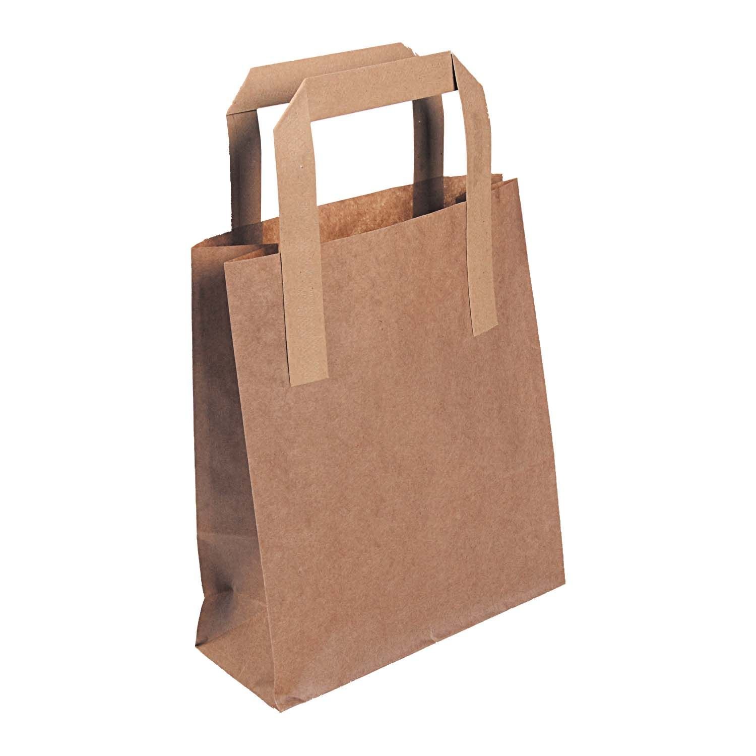 delisupplies 250 x Brown Sos Paper Tape Handle Bag Carriers Small (7" x 3" x 8.5" - 80 GSM) Bags Cheap Takeaway